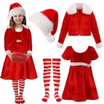 Panitay 4 Pcs Girls Christmas Costume Red Santa Claus Outfit Hat Jacket Dress Tights for Little Girls Kids Holiday Cosplay (Small)