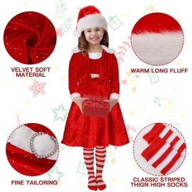 Panitay 4 Pcs Girls Christmas Costume Red Santa Claus Outfit Hat Jacket Dress Tights for Little Girls Kids Holiday Cosplay (Small)