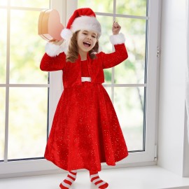 Panitay 4 Pcs Girls Christmas Costume Red Santa Claus Outfit Hat Jacket Dress Tights for Little Girls Kids Holiday Cosplay (Small)
