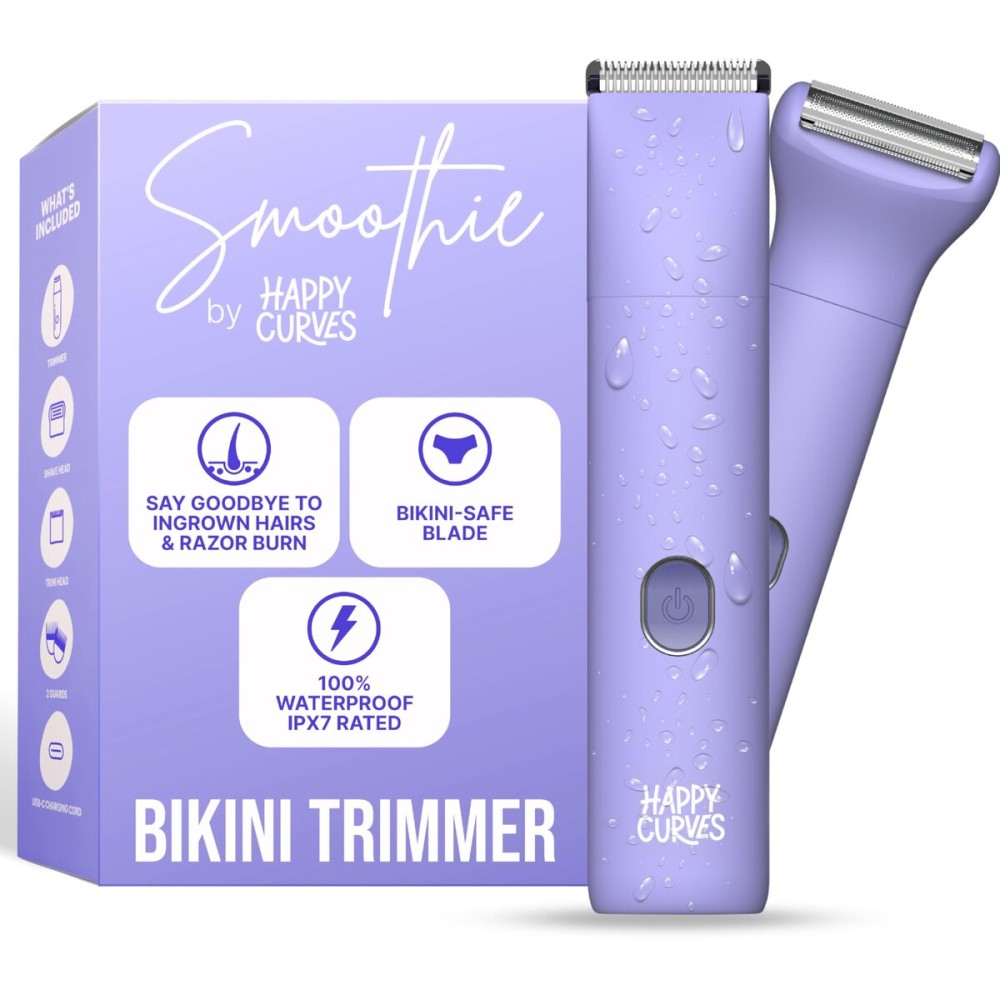 HAPPY CURVES Smoothie Bikini Trimmer - Electric Razor for Women, Waterproof Hair Groomer with Adjustable Guards, Personal Shaver for Pubic Hair, Ladies Intimate Shaver and Body Trimmer (Berry)