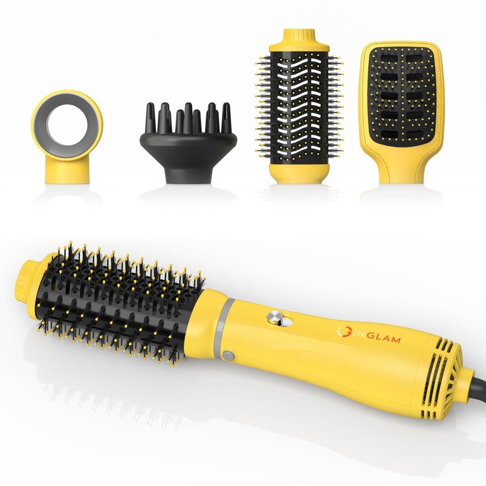 IG INGLAM Hair Dryer Brush, 4-in-1 Detachable Blow Dryer Brush, Ionic Diffuser Hair Dryer & Styler Volumizer with Oval Titanium Barrel, One-Step Hot Air Blowout Brush, Updated Push Switch, Yellow