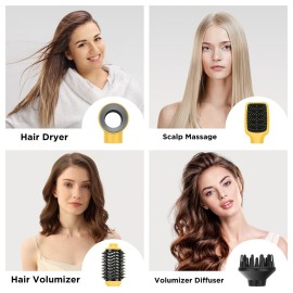 IG INGLAM Hair Dryer Brush, 4-in-1 Detachable Blow Dryer Brush, Ionic Diffuser Hair Dryer & Styler Volumizer with Oval Titanium Barrel, One-Step Hot Air Blowout Brush, Updated Push Switch, Yellow