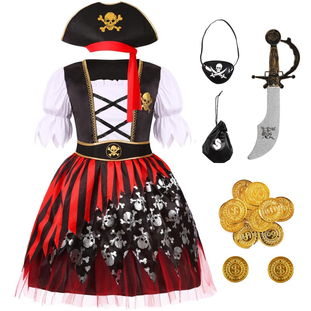 Dormstop Kids Pirate Costume Girls Deluxe Buccaneer Dress Set for Halloween Party Dress Up (5-7 Years)