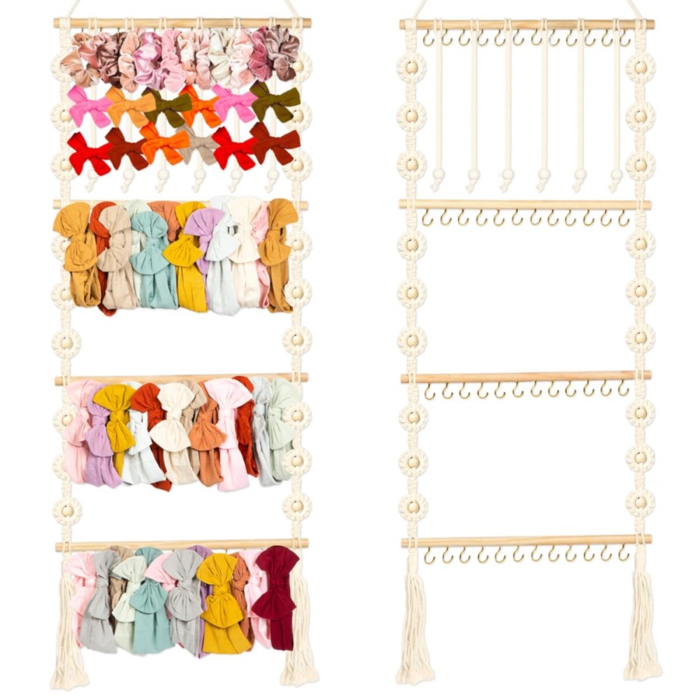 Headband Holder - Bow Holder for Baby Girl - Macrame Bow Organizer for Baby Girl w/ 48 Metal Hooks, 6 Slings & Wooden Bead - Space Saving Baby Bow Organizer - Ideal Baby Bow Holder for Expecting Moms