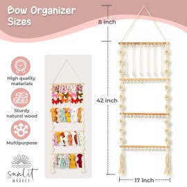 Headband Holder - Bow Holder for Baby Girl - Macrame Bow Organizer for Baby Girl w/ 48 Metal Hooks, 6 Slings & Wooden Bead - Space Saving Baby Bow Organizer - Ideal Baby Bow Holder for Expecting Moms