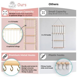 Headband Holder - Bow Holder for Baby Girl - Macrame Bow Organizer for Baby Girl w/ 48 Metal Hooks, 6 Slings & Wooden Bead - Space Saving Baby Bow Organizer - Ideal Baby Bow Holder for Expecting Moms