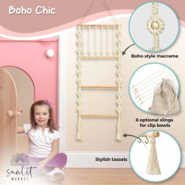 Headband Holder - Bow Holder for Baby Girl - Macrame Bow Organizer for Baby Girl w/ 48 Metal Hooks, 6 Slings & Wooden Bead - Space Saving Baby Bow Organizer - Ideal Baby Bow Holder for Expecting Moms