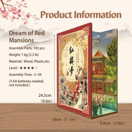 Tonecheer DIY Book Nook Kit for Adults, Wooden 3D Puzzle Bookend Bookshelf Insert Decor, Chinese Booknook Miniature House Kit with Dust Cover and Body Motion Sensor LED Light (Dream of Red Mansions)