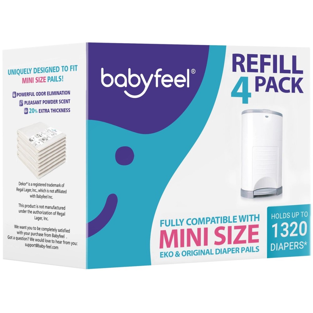 Babyfeel Refills Compatible with DEKOR MINI Diaper Pails | 4 Pack | Exclusive 20% Extra Thickness | Diaper Pail Refills with Powerful Odor Elimination | Powder Scent | Holds up to 1320 Diapers