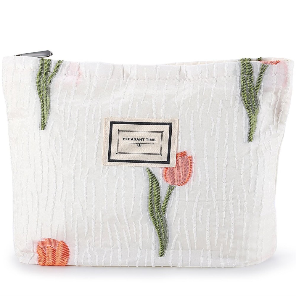URSKYTOUS Tulip Makeup Bag Travel Cute Floral Cosmetic Bags for Women Large Embroidery Makeup Pouch Zipper Cosmetic Pouch for Purse Aesthetic Make up Organizer Bag Portable Toiletry Bag