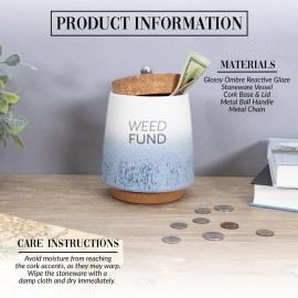 Pavilion Gift Company - Weed Fund 6.5-inch Unique Ceramic Piggy Bank Savings Bank Money Jar with Cork Base and Cork Lid, Ombre Blue