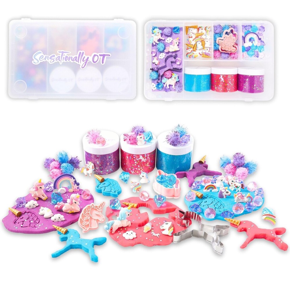 Sensationally OT Unicorn Sensory Dough Kit (3 Jars) Non-Toxic Dough with Unicorn Cutters, Charms, Rainbow, Pom Poms, Diamonds, Gems, and Stackable Storage - Perfect for Creative Play and Gift for Kids