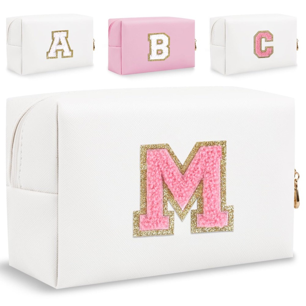 Small Personalized Letter Makeup Bag, Cute PU Leather Chenille Letters Cosmetic Bag Travel Makeup Pouch, Preppy Travel Organizer Zipper Pouch for Women&GirlsWhitePink-M