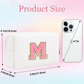 Small Personalized Letter Makeup Bag, Cute PU Leather Chenille Letters Cosmetic Bag Travel Makeup Pouch, Preppy Travel Organizer Zipper Pouch for Women&GirlsWhitePink-M