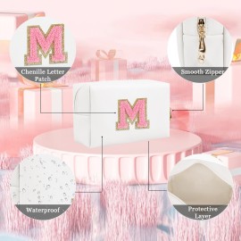 Small Personalized Letter Makeup Bag, Cute PU Leather Chenille Letters Cosmetic Bag Travel Makeup Pouch, Preppy Travel Organizer Zipper Pouch for Women&GirlsWhitePink-M