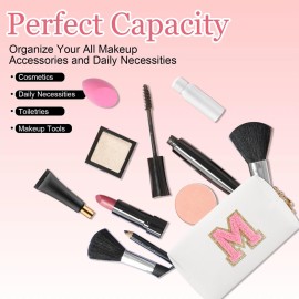 Small Personalized Letter Makeup Bag, Cute PU Leather Chenille Letters Cosmetic Bag Travel Makeup Pouch, Preppy Travel Organizer Zipper Pouch for Women&GirlsWhitePink-M