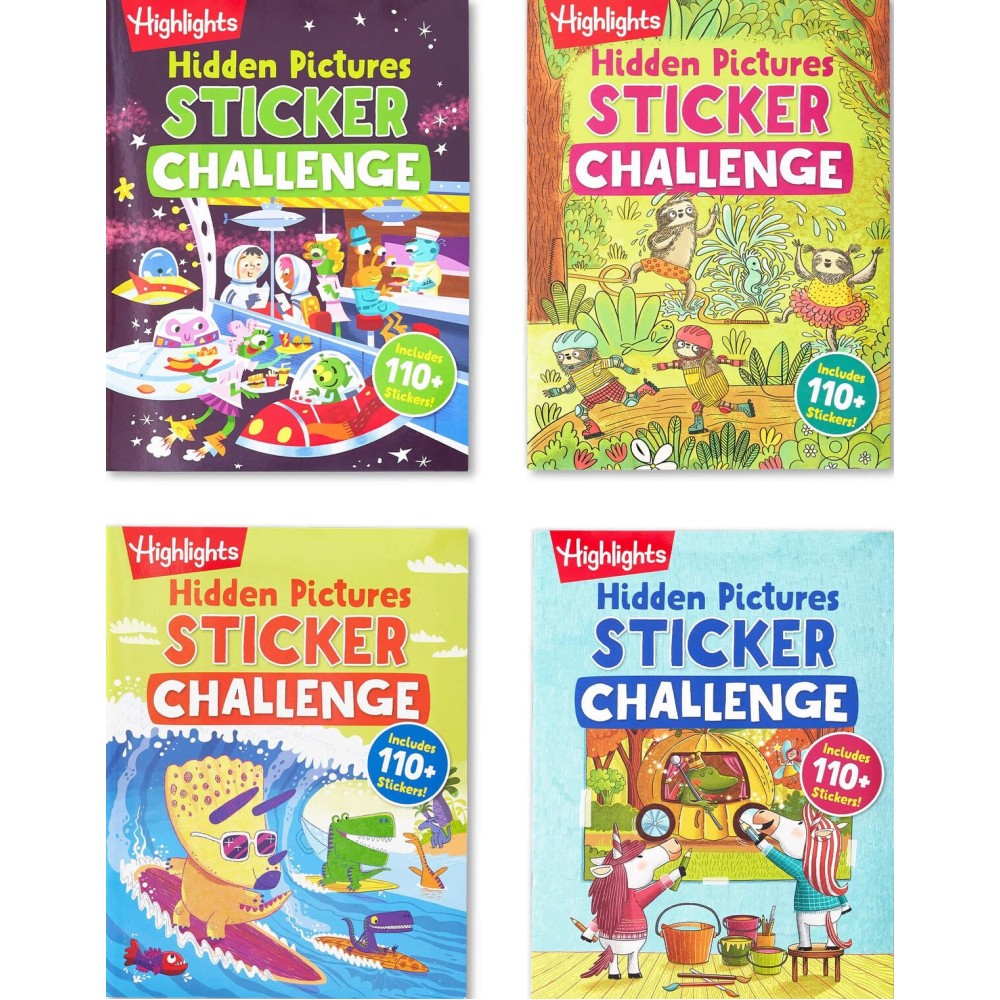 Highlights Hidden Pictures Sticker Challenge Books for Kids Ages 6 and Up, 4-Pack, 64 Pages of Seek and Find Activities, Double as Coloring Books, 440+ Stickers