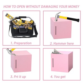 Piggy Bank for Adults Must Break to Open Stainless Steel Money Box Metal Saving Bank Unbreakable Savings Box Money Bank Cash Coin Jar 5.9 inch Pink