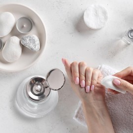 Lallisa 2 Pcs 6 Oz/ 180 ml Pump Dispenser Bottle Empty Push Down Glass Dispenser Bottle with Flip Metal Cap Makeup Remover Alcohol Pump Sanitizer Container for Nail Polish