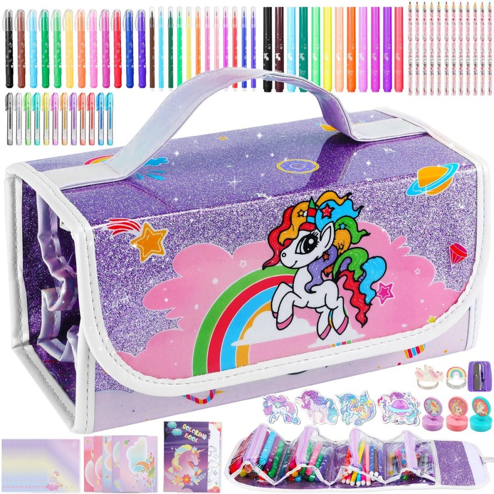 Nicpro 115PCS Unicorn Washable Markers Set with Glitter Pencil Case, Art Supplies for Kids Ages 4-6-8, Arts Crafts Coloring Set with Stickers, Unicorn Birthday Gifts for Girls 4 5 6 7 8 9 Year Old