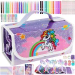 Nicpro 115PCS Unicorn Washable Markers Set with Glitter Pencil Case, Art Supplies for Kids Ages 4-6-8, Arts Crafts Coloring Set with Stickers, Unicorn Birthday Gifts for Girls 4 5 6 7 8 9 Year Old