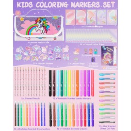 Nicpro 115PCS Unicorn Washable Markers Set with Glitter Pencil Case, Art Supplies for Kids Ages 4-6-8, Arts Crafts Coloring Set with Stickers, Unicorn Birthday Gifts for Girls 4 5 6 7 8 9 Year Old