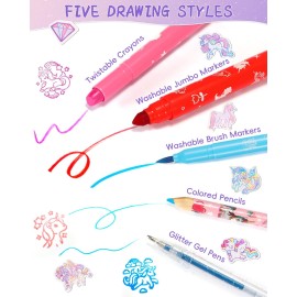 Nicpro 115PCS Unicorn Washable Markers Set with Glitter Pencil Case, Art Supplies for Kids Ages 4-6-8, Arts Crafts Coloring Set with Stickers, Unicorn Birthday Gifts for Girls 4 5 6 7 8 9 Year Old