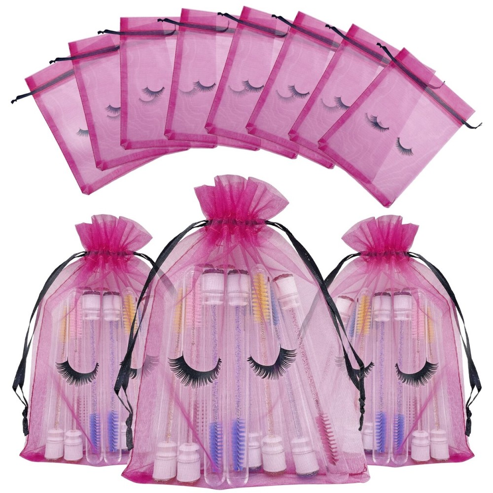 Jexila 100 Pack Eyelash Aftercare Bags Eye Lash Makeup Bags Drawstring Mesh Empty Beauty Gift Bags Cosmetic Bag Organza Pouch for Women Girls Makeup Jewelry Supplies, Rose Plus Black, 5 x 7 Inches,