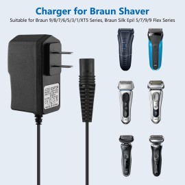 FNKTQL 12V Charger for Braun Shaver 9 8 7 6 5 3 1 XT5 Series, Power Cord for Braun S3 S6 S7 S8 S5 S9 S1 Electric Razor 3040s 340s 9385cc 370 720 760cc 790cc 720s-4 7865cc 9090cc 9330s 5018s (5Ft)