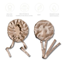 Vnera 100% Pure 22 Momme Mulberry Silk Hair Bonnet -Silk Cap for Sleeping with Adjustable Ribbons - 1 Layer Silk Hair Bonnet for Sleeping(One Layer, Caramel)