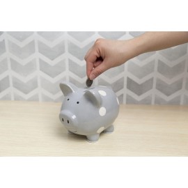 Kate & Milo Mini Ceramic Piggy Bank, Gender Neutral Nursery Dcor, Baby Girl and Baby Girl Keepsake Gift, Gray with White Polka Dots