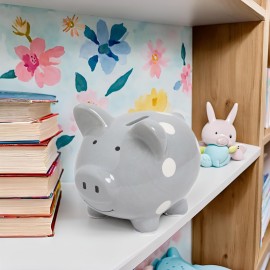 Kate & Milo Mini Ceramic Piggy Bank, Gender Neutral Nursery Dcor, Baby Girl and Baby Girl Keepsake Gift, Gray with White Polka Dots