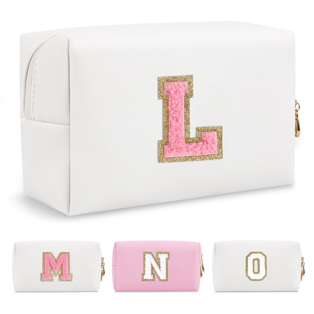 Personalized Makeup Bag Initial A-Z Preppy Patch Bag,Small PU Leather Travel Cosmetic Bag Pouch with Zipper,White Cute Toiletry Bag,Gift Ideal for Teen Girls Women Birthday Friend Mom,Letter L