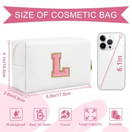 Personalized Makeup Bag Initial A-Z Preppy Patch Bag,Small PU Leather Travel Cosmetic Bag Pouch with Zipper,White Cute Toiletry Bag,Gift Ideal for Teen Girls Women Birthday Friend Mom,Letter L