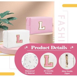 Personalized Makeup Bag Initial A-Z Preppy Patch Bag,Small PU Leather Travel Cosmetic Bag Pouch with Zipper,White Cute Toiletry Bag,Gift Ideal for Teen Girls Women Birthday Friend Mom,Letter L