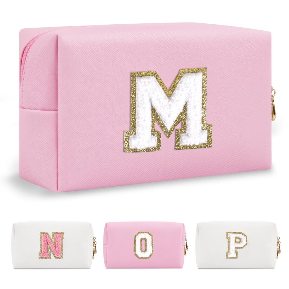 Personalized Initial A-Z Preppy Patch Makeup Bag,Small PU Chenille Letter Cosmetic Bag with Zipper,Waterproof Cute Toiletry Organizer Bag,Monogram Makeup Case Gift for Women Girls,Letter M