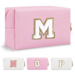 Personalized Initial A-Z Preppy Patch Makeup Bag,Small PU Chenille Letter Cosmetic Bag with Zipper,Waterproof Cute Toiletry Organizer Bag,Monogram Makeup Case Gift for Women Girls,Letter M