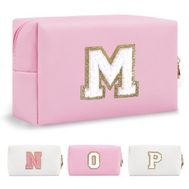 Personalized Initial A-Z Preppy Patch Makeup Bag,Small PU Chenille Letter Cosmetic Bag with Zipper,Waterproof Cute Toiletry Organizer Bag,Monogram Makeup Case Gift for Women Girls,Letter M