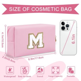 Personalized Initial A-Z Preppy Patch Makeup Bag,Small PU Chenille Letter Cosmetic Bag with Zipper,Waterproof Cute Toiletry Organizer Bag,Monogram Makeup Case Gift for Women Girls,Letter M