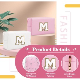 Personalized Initial A-Z Preppy Patch Makeup Bag,Small PU Chenille Letter Cosmetic Bag with Zipper,Waterproof Cute Toiletry Organizer Bag,Monogram Makeup Case Gift for Women Girls,Letter M