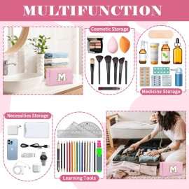 Personalized Initial A-Z Preppy Patch Makeup Bag,Small PU Chenille Letter Cosmetic Bag with Zipper,Waterproof Cute Toiletry Organizer Bag,Monogram Makeup Case Gift for Women Girls,Letter M