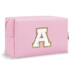 Personalized Initial A-Z Preppy Patch Makeup Bag,Small PU Chenille Letter Cosmetic Bag with Zipper,Waterproof Cute Toiletry Organizer Bag,Monogram Makeup Case Gift for Women Girls,Letter A