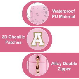 Personalized Initial A-Z Preppy Patch Makeup Bag,Small PU Chenille Letter Cosmetic Bag with Zipper,Waterproof Cute Toiletry Organizer Bag,Monogram Makeup Case Gift for Women Girls,Letter A