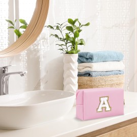 Personalized Initial A-Z Preppy Patch Makeup Bag,Small PU Chenille Letter Cosmetic Bag with Zipper,Waterproof Cute Toiletry Organizer Bag,Monogram Makeup Case Gift for Women Girls,Letter A