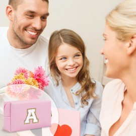 Personalized Initial A-Z Preppy Patch Makeup Bag,Small PU Chenille Letter Cosmetic Bag with Zipper,Waterproof Cute Toiletry Organizer Bag,Monogram Makeup Case Gift for Women Girls,Letter A