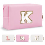 Personalized Initial A-Z Preppy Patch Makeup Bag,Small PU Chenille Letter Cosmetic Bag with Zipper,Waterproof Cute Toiletry Organizer Bag,Monogram Makeup Case Gift for Women Girls,Letter K