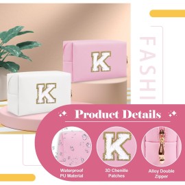 Personalized Initial A-Z Preppy Patch Makeup Bag,Small PU Chenille Letter Cosmetic Bag with Zipper,Waterproof Cute Toiletry Organizer Bag,Monogram Makeup Case Gift for Women Girls,Letter K