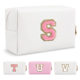 Personalized Makeup Bag Initial A-Z Preppy Patch Bag,Small PU Leather Travel Cosmetic Bag Pouch with Zipper,White Cute Toiletry Bag,Gift Ideal for Teen Girls Women Birthday Friend Mom,Letter S