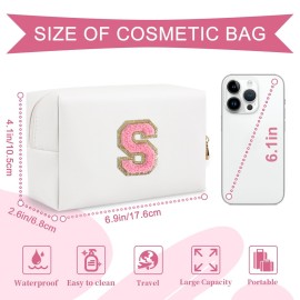 Personalized Makeup Bag Initial A-Z Preppy Patch Bag,Small PU Leather Travel Cosmetic Bag Pouch with Zipper,White Cute Toiletry Bag,Gift Ideal for Teen Girls Women Birthday Friend Mom,Letter S
