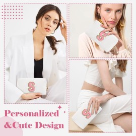 Personalized Makeup Bag Initial A-Z Preppy Patch Bag,Small PU Leather Travel Cosmetic Bag Pouch with Zipper,White Cute Toiletry Bag,Gift Ideal for Teen Girls Women Birthday Friend Mom,Letter S